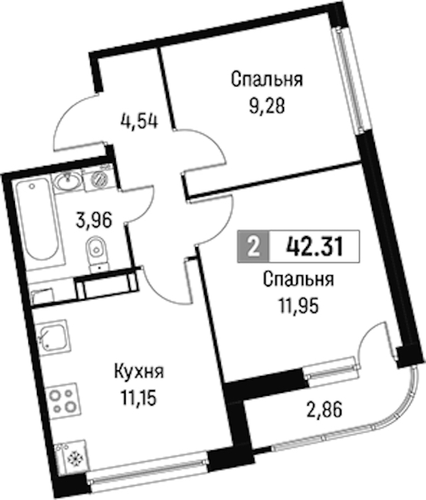 2-комнатная квартира 42.31 м², 5/16 эт., ЖК «Авиатор»
