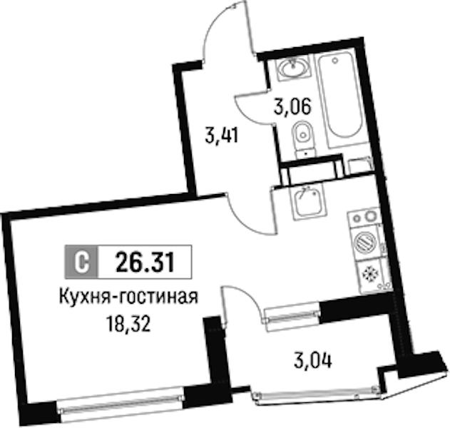 Квартира студия 26.31 м², 5/16 эт., ЖК «Авиатор»