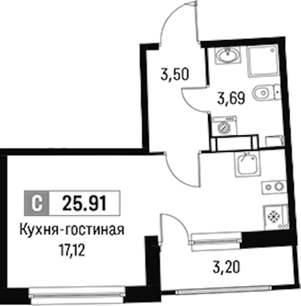 Квартира студия 25.91 м², 5/16 эт., ЖК «Авиатор»
