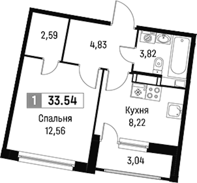 1-комнатная квартира 33.54 м², 6/16 эт., ЖК «Авиатор»