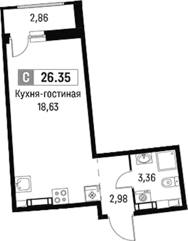 Квартира студия 26.35 м², 6/16 эт., ЖК «Авиатор»
