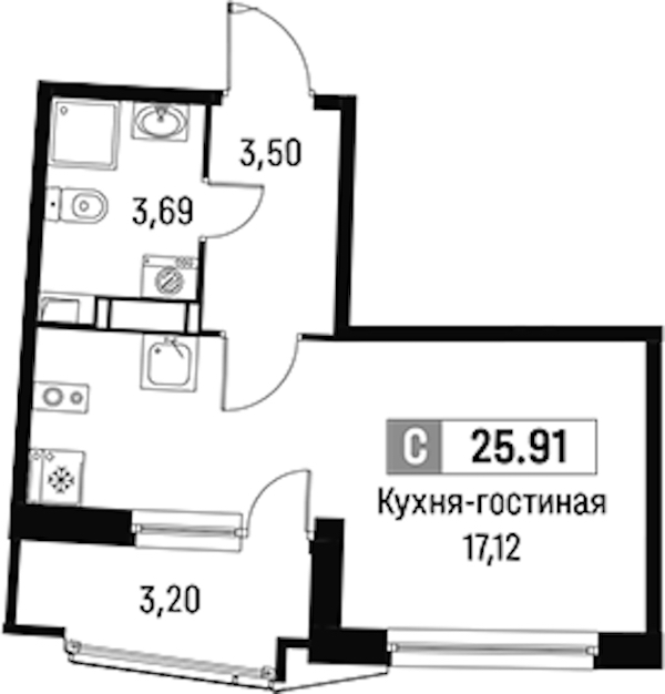 Квартира студия 25.91 м², 7/16 эт., ЖК «Авиатор»