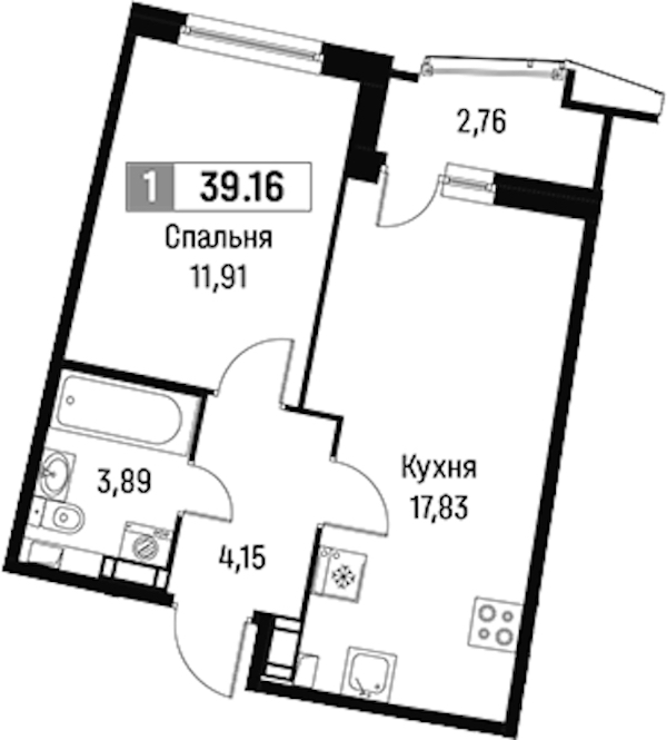 1-комнатная квартира 39.16 м², 7/16 эт., ЖК «Авиатор»