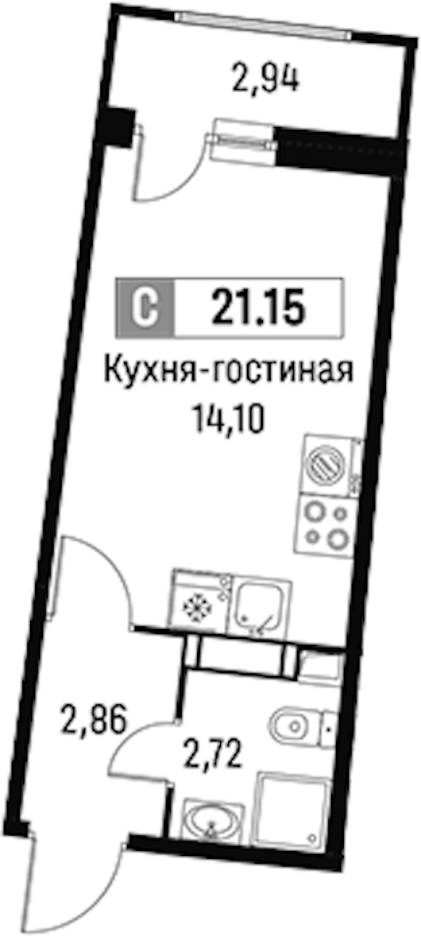 Квартира студия 21.15 м², 7/16 эт., ЖК «Авиатор»