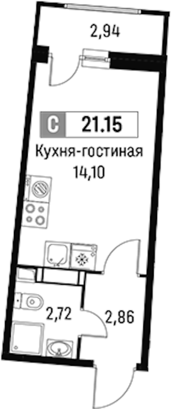 Квартира студия 21.15 м², 7/16 эт., ЖК «Авиатор»
