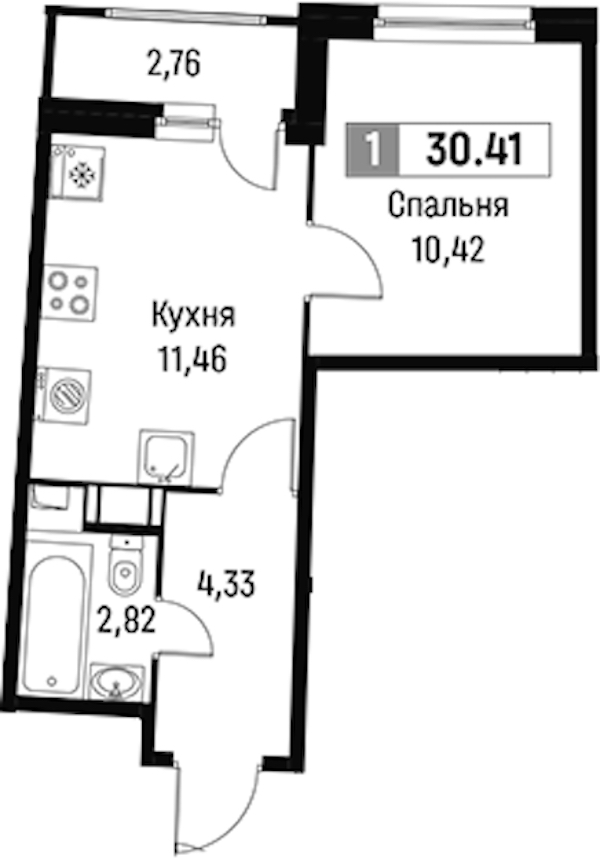 1-комнатная квартира 30.41 м², 7/16 эт., ЖК «Авиатор»