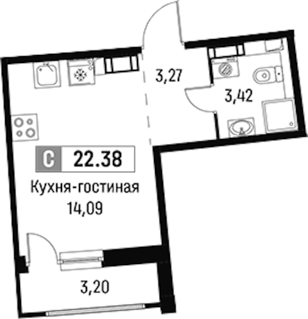 Квартира студия 22.38 м², 7/16 эт., ЖК «Авиатор»