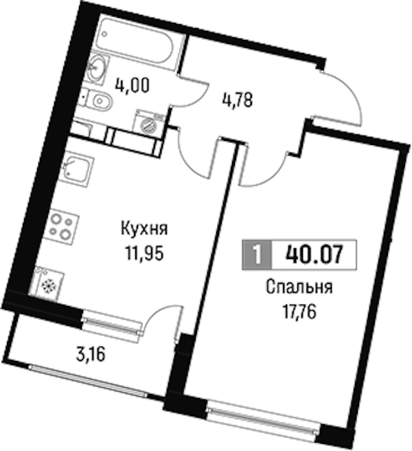 1-комнатная квартира 40.07 м², 8/16 эт., ЖК «Авиатор»