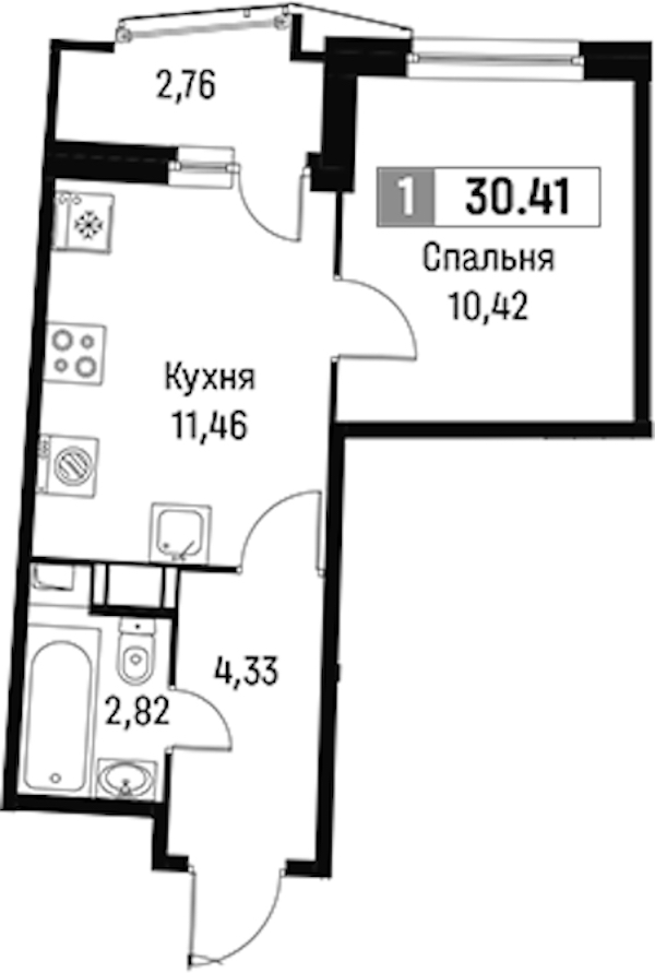 1-комнатная квартира 30.41 м², 8/16 эт., ЖК «Авиатор»