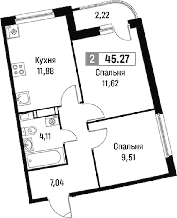 2-комнатная квартира 45.27 м², 8/16 эт., ЖК «Авиатор»