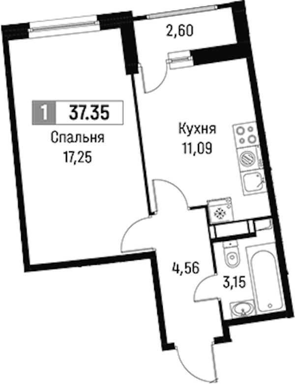 1-комнатная квартира 37.35 м², 10/16 эт., ЖК «Авиатор»