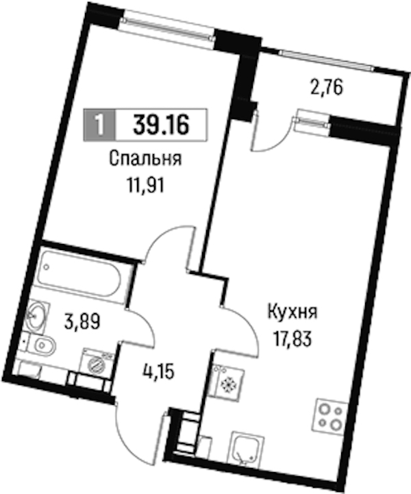 1-комнатная квартира 39.16 м², 11/16 эт., ЖК «Авиатор»