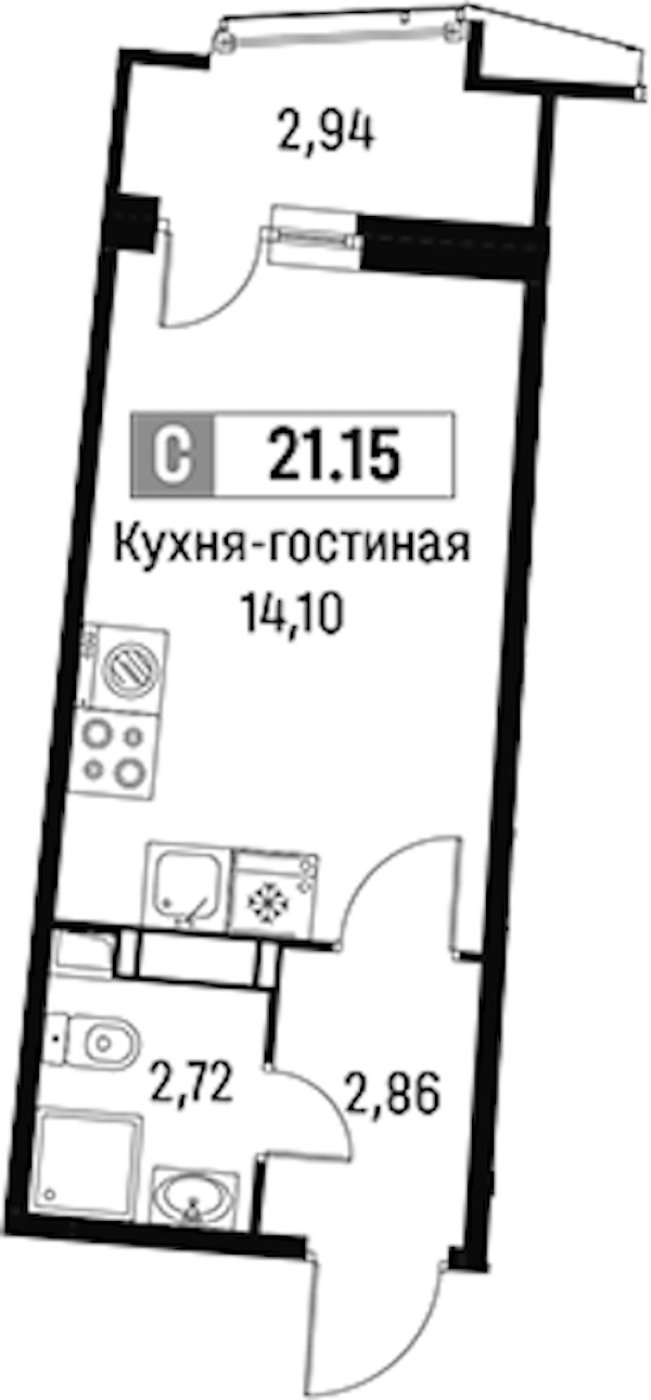 Квартира студия 21.15 м², 11/16 эт., ЖК «Авиатор»