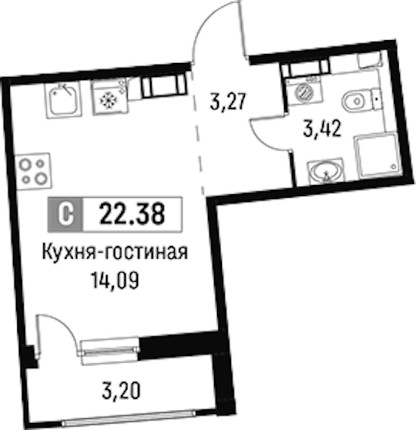 Квартира студия 22.38 м², 11/16 эт., ЖК «Авиатор»