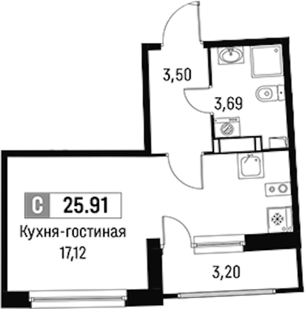 Квартира студия 25.91 м², 12/16 эт., ЖК «Авиатор»