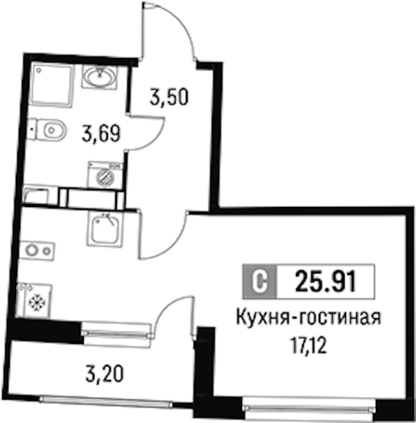 Квартира студия 25.91 м², 13/16 эт., ЖК «Авиатор»