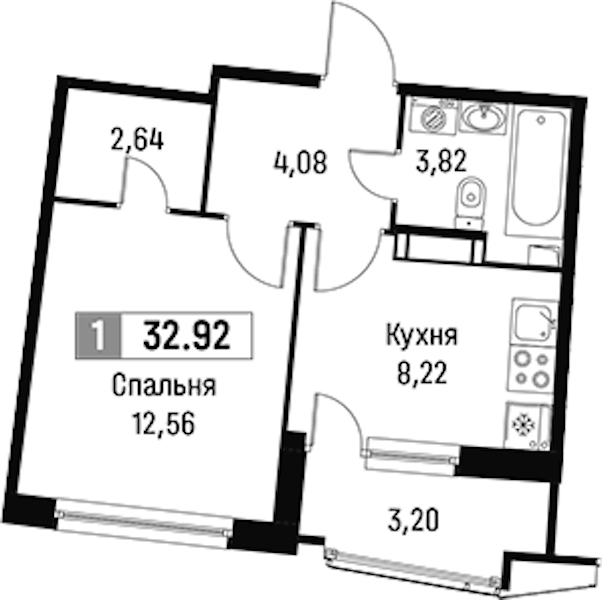 1-комнатная квартира 32.92 м², 13/16 эт., ЖК «Авиатор»