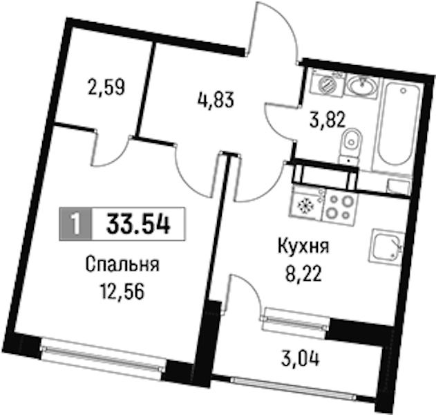 1-комнатная квартира 33.54 м², 13/16 эт., ЖК «Авиатор»