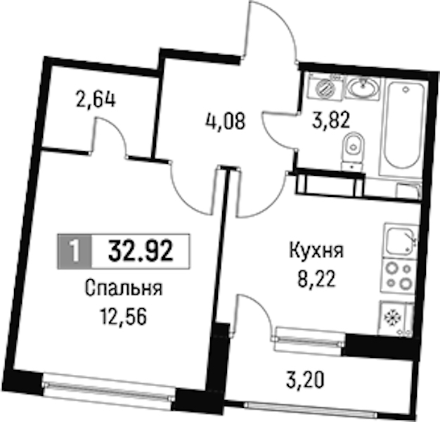 1-комнатная квартира 32.92 м², 14/16 эт., ЖК «Авиатор»