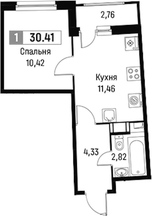 1-комнатная квартира 30.41 м², 14/16 эт., ЖК «Авиатор»