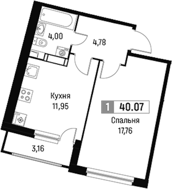 1-комнатная квартира 40.07 м², 15/16 эт., ЖК «Авиатор»