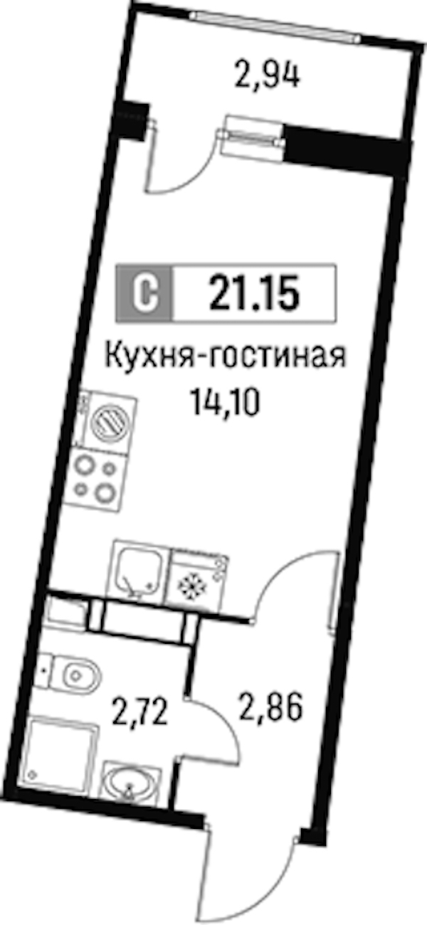 Квартира студия 21.15 м², 15/16 эт., ЖК «Авиатор»