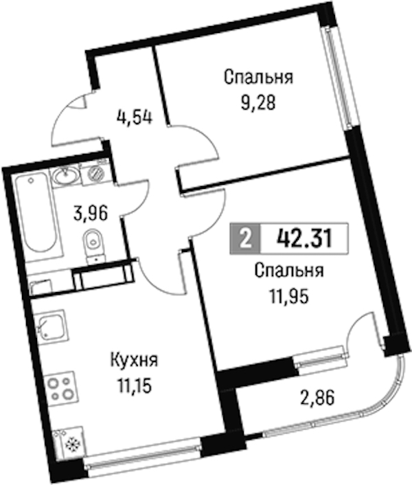 2-комнатная квартира 42.31 м², 15/16 эт., ЖК «Авиатор»