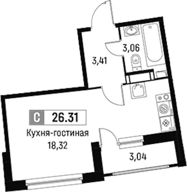 Квартира студия 26.31 м², 15/16 эт., ЖК «Авиатор»