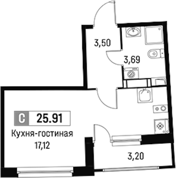 Квартира студия 25.91 м², 15/16 эт., ЖК «Авиатор»