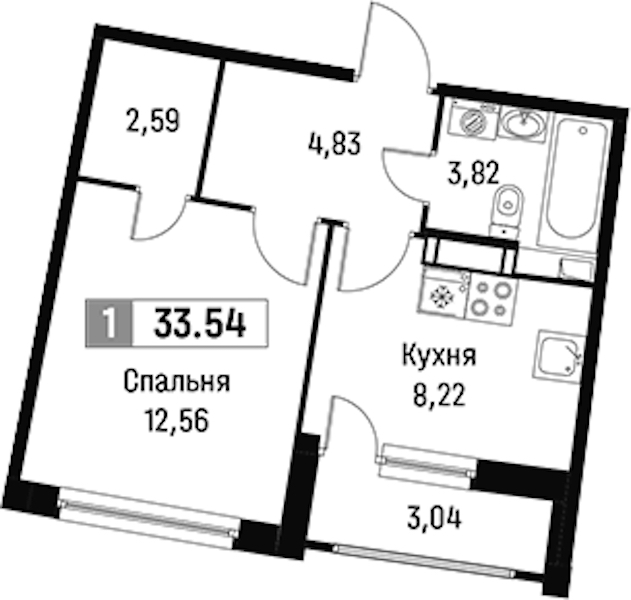 1-комнатная квартира 33.54 м², 16/16 эт., ЖК «Авиатор»