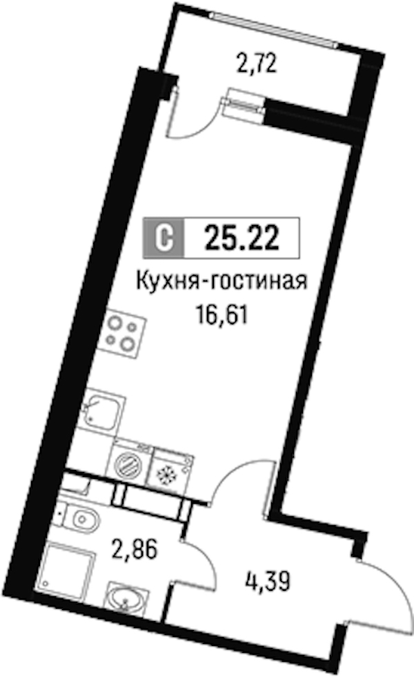 Квартира студия 25.22 м², 16/16 эт., ЖК «Авиатор»