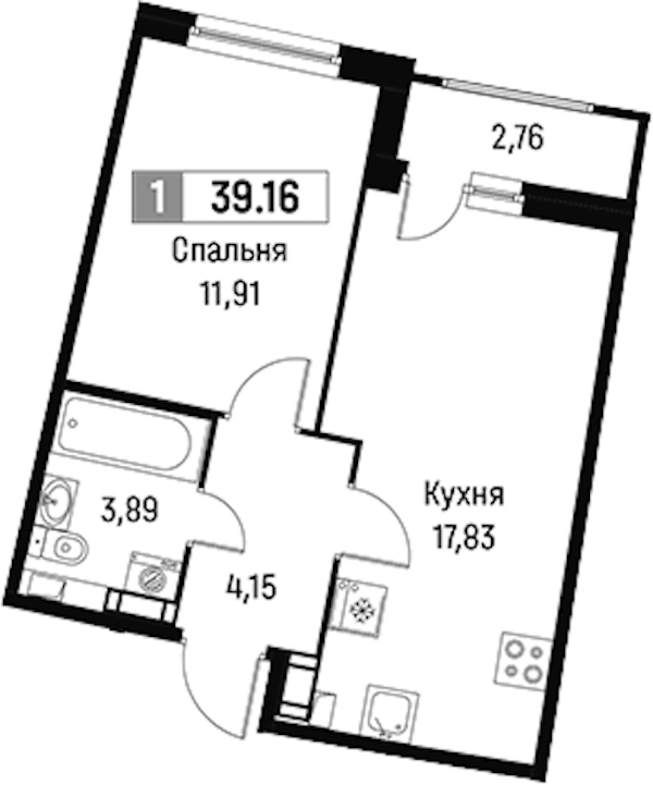 1-комнатная квартира 39.16 м², 16/16 эт., ЖК «Авиатор»