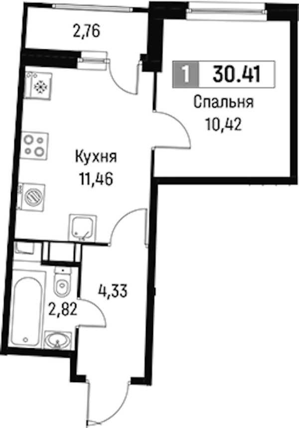 1-комнатная квартира 30.41 м², 16/16 эт., ЖК «Авиатор»