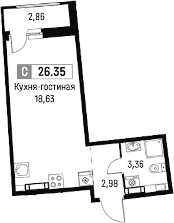 Квартира студия 26.35 м², 16/16 эт., ЖК «Авиатор»