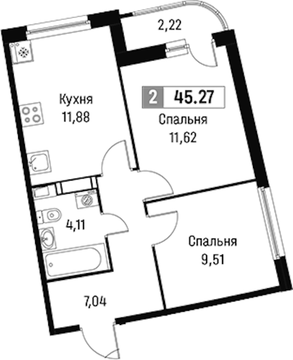 2-комнатная квартира 45.27 м², 16/16 эт., ЖК «Авиатор»