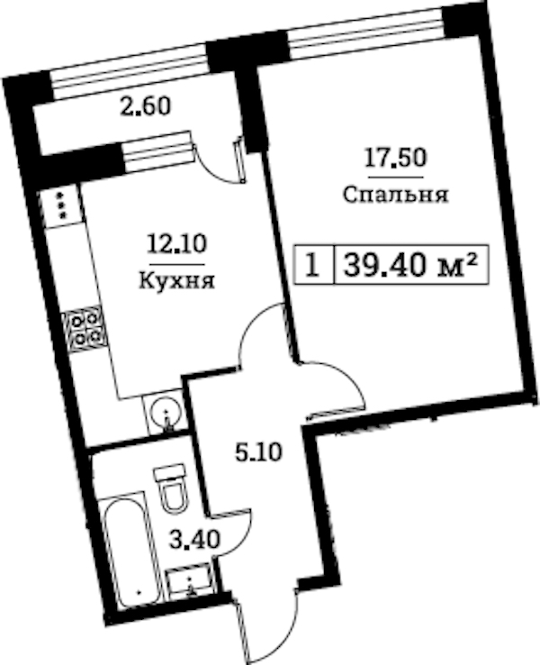 1-комнатная квартира 39.4 м², 7/16 эт., ЖК «Авиатор»