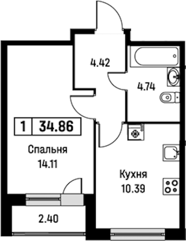 1-комнатная квартира 34.86 м², 2/16 эт., ЖК «Урбанист»