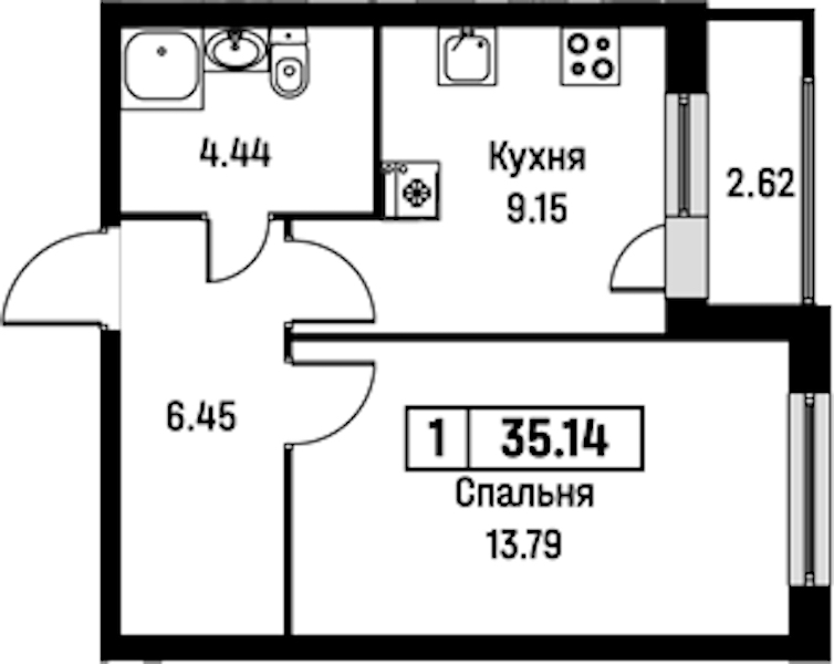 1-комнатная квартира 35.14 м², 2/16 эт., ЖК «Урбанист»