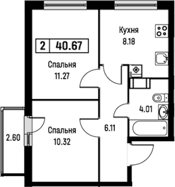 2-комнатная квартира 40.67 м², 9/16 эт., ЖК «Урбанист»