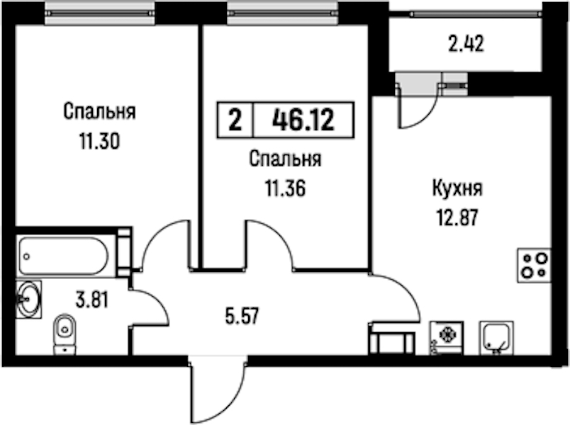 2-комнатная квартира 46.12 м², 9/16 эт., ЖК «Урбанист»