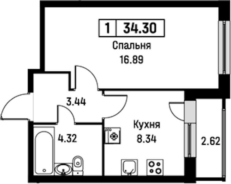 1-комнатная квартира 34.3 м², 2/16 эт., ЖК «Урбанист»