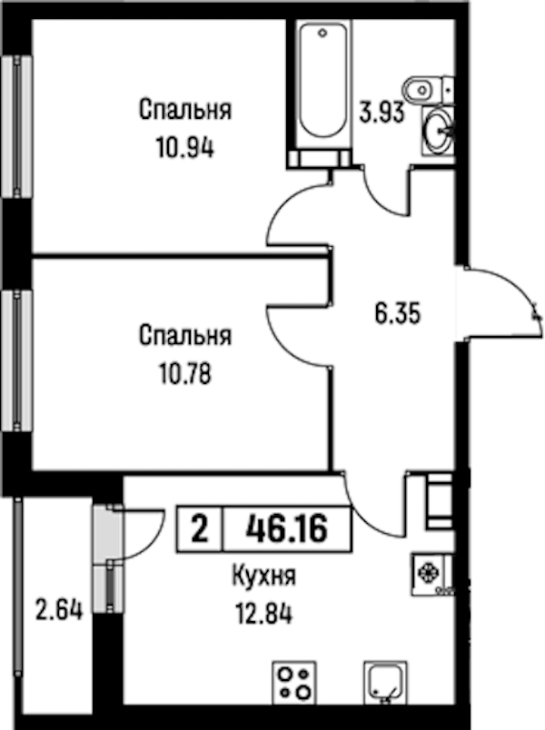 2-комнатная квартира 46.16 м², 9/16 эт., ЖК «Урбанист»