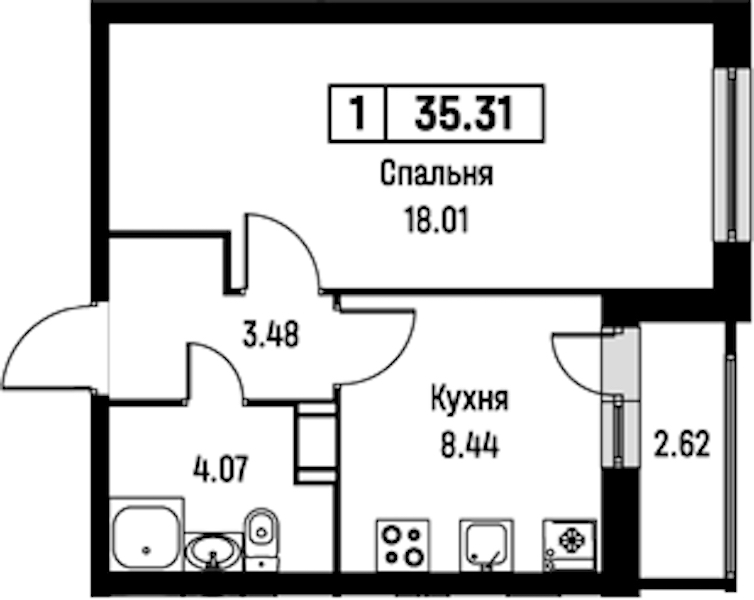 1-комнатная квартира 35.31 м², 10/16 эт., ЖК «Урбанист»