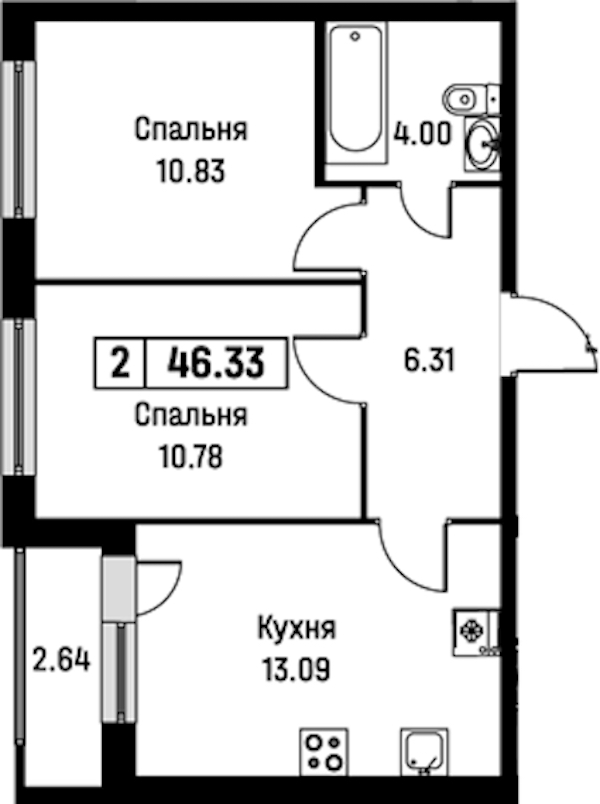 2-комнатная квартира 46.33 м², 2/16 эт., ЖК «Урбанист»