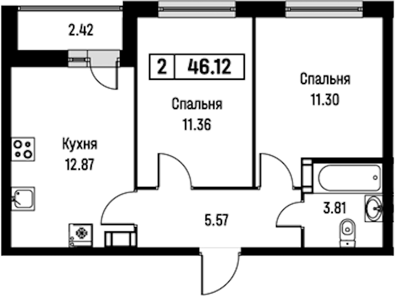 2-комнатная квартира 46.12 м², 11/16 эт., ЖК «Урбанист»