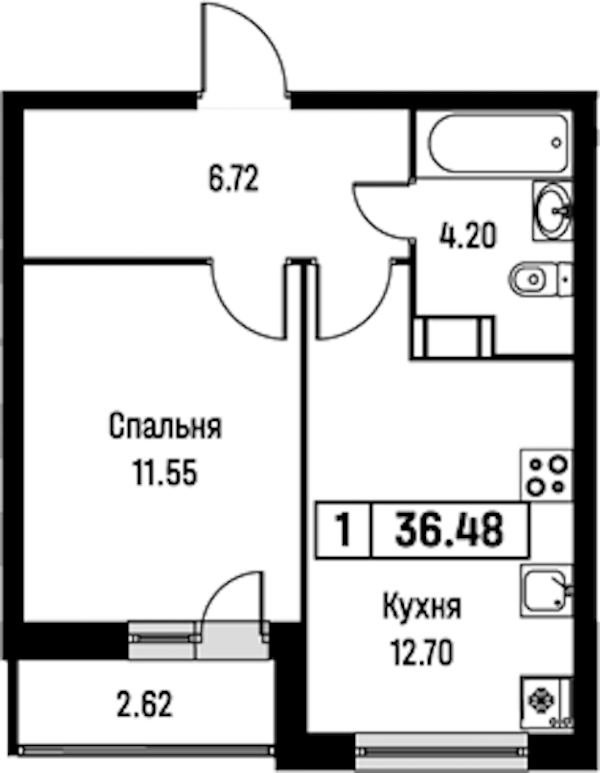 1-комнатная квартира 36.48 м², 13/16 эт., ЖК «Урбанист»