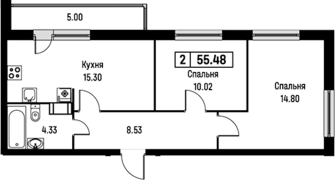 2-комнатная квартира 55.48 м², 13/16 эт., ЖК «Урбанист»