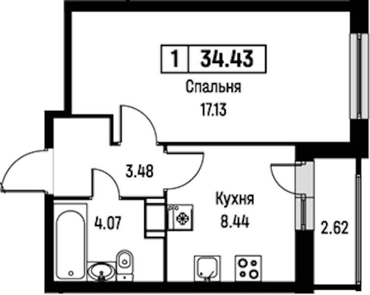 1-комнатная квартира 34.43 м², 13/16 эт., ЖК «Урбанист»