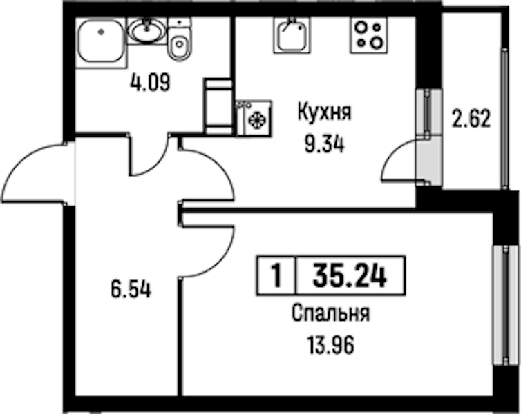 1-комнатная квартира 35.24 м², 14/16 эт., ЖК «Урбанист»