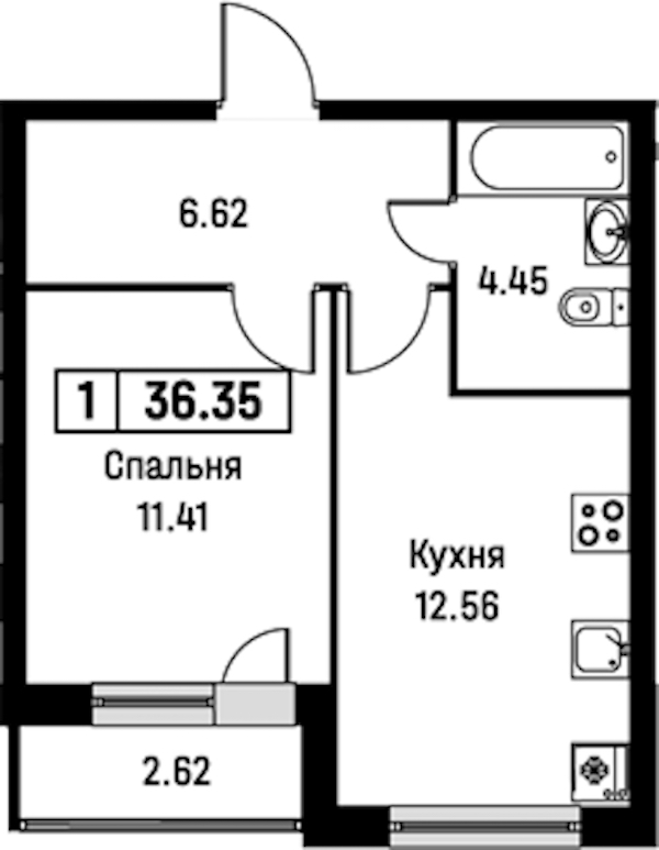 1-комнатная квартира 36.35 м², 2/16 эт., ЖК «Урбанист»